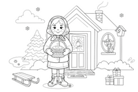 A girl in a big flowered headscarf with red cheeks holding out a basket at a doorstep – Pancake Day Winter Treat coloring page