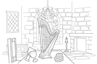 A golden harp with strings, standing on the table – Jack and the Beanstalk Story coloring page