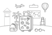 A big suitcase covered with travel stickers (stickers outlined, no fill) – Travel & Journeys Place coloring page