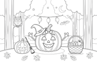 Halloween Pumpkin sitting among fallen leaves in a forest – Halloween Autumn Creatures coloring page