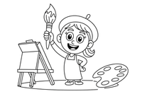 A painter woman with a beret holding up a paintbrush – Creative Artist Performer coloring page