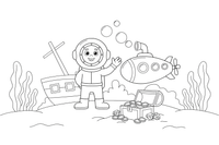 A diver and a submarine near a shipwreck full of treasure – Deep Sea Diver Submarine coloring page