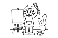 A painter woman with a beret holding up a paintbrush – Creative Artist Performer coloring page