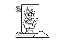 A girl in a big flowered headscarf with red cheeks holding out a basket at a doorstep – Pancake Day Winter Treat coloring page