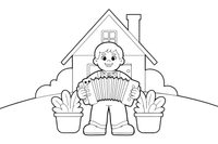 A boy in folk clothes playing the accordion by an old homestead – Herb Day coloring page
