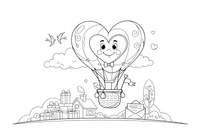 A hot air balloon shaped like a heart floating in the sky – Valentine's Day coloring page