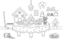 A dessert table with cupcakes, donuts and candy – Delightful Sweets coloring page