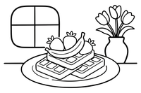 A plate of waffles with fruit on top (Belgium) – World Food Delights coloring page