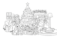 A big family Christmas celebration with the tree, presents, food and everyone together – Christmas Winter Festivities coloring page