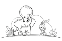 A strong elephant lifting a big heavy rock and a little ant carrying a light feather – Opposite Concepts coloring page