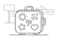 A big suitcase covered with travel stickers (stickers outlined, no fill) – Travel & Journeys Place coloring page
