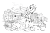 A boy in folk clothes playing the accordion by an old homestead – Herb Day coloring page
