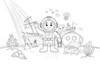 A diver and a submarine near a shipwreck full of treasure – Deep Sea Diver Submarine coloring page