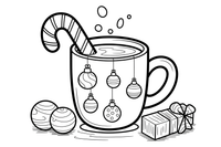 Mug of cocoa with a candy cane decorated with baubles – Christmas Winter Treats coloring page