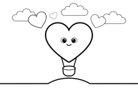 A hot air balloon shaped like a heart floating in the sky – Valentine's Day coloring page