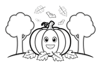 Halloween Pumpkin sitting among fallen leaves in a forest – Halloween Autumn Creatures coloring page