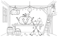 Halloween Pumpkin on a shelf in a barn – Halloween Autumn Creatures coloring page