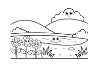 A calm river with wildflowers growing on the bank – Herb Day coloring page