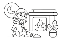 A kind girl in simple ragged clothes sweeping the floor by the fireplace – Charming Cinderella Story coloring page