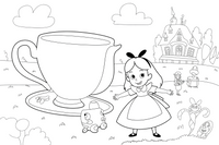 Alice very tiny beside a giant teacup – Alice in Wonderland Story coloring page