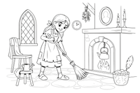 A kind girl in simple ragged clothes sweeping the floor by the fireplace – Charming Cinderella Story coloring page