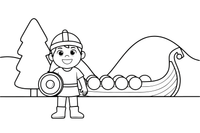 A Viking with a round helmet and a shield standing by a longship – Historic People Around the World coloring page