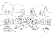 A family with their dog in the yard – Happy Family Moments coloring page
