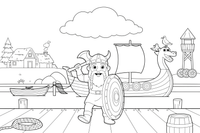 A Viking with a round helmet and a shield standing by a longship – Historic People Around the World coloring page