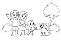 A family with their dog in the yard – Happy Family Moments coloring page