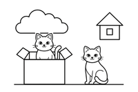 A cat sitting inside an open box and another cat sitting outside next to it – Opposite Concepts coloring page