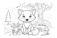 A fox sitting under a big oak tree – Forest Plant Wonders coloring page