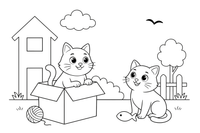 A cat sitting inside an open box and another cat sitting outside next to it – Opposite Concepts coloring page