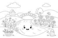 A calm river with wildflowers growing on the bank – Herb Day coloring page