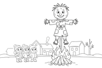 A tall ugly straw figure of a woman on a wooden pole burning on a big bonfire, with children watching in the snowy square – Pancake Day Winter Treat coloring page