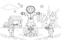 A tall ugly straw figure of a woman on a wooden pole burning on a big bonfire, with children watching in the snowy square – Pancake Day Winter Treat coloring page