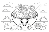 A bowl of ramen with an egg half and vegetables (Japan) – World Food Delights coloring page