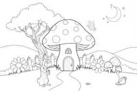 A big mushroom with a little door in its stem – Alice in Wonderland Story coloring page