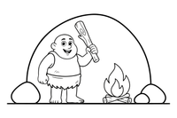 A friendly caveman in furs holding a wooden club by a fire – Historic People Around the World coloring page