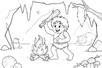 A friendly caveman in furs holding a wooden club by a fire – Historic People Around the World coloring page