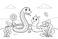 A long wiggly snake next to a short little worm – Opposite Concepts coloring page