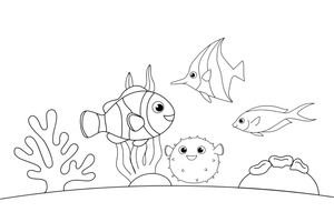 Different fish swimming together in a coral reef – Fishes coloring page