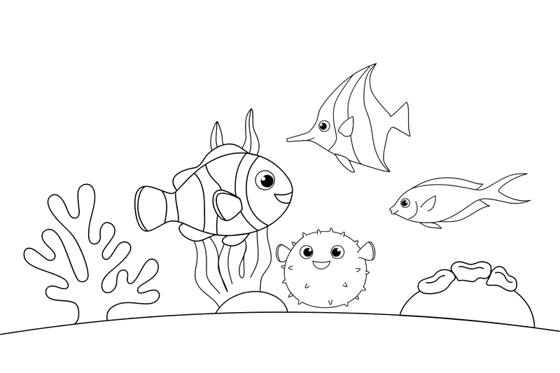 Different fish swimming together in a coral reef – Fishes coloring page