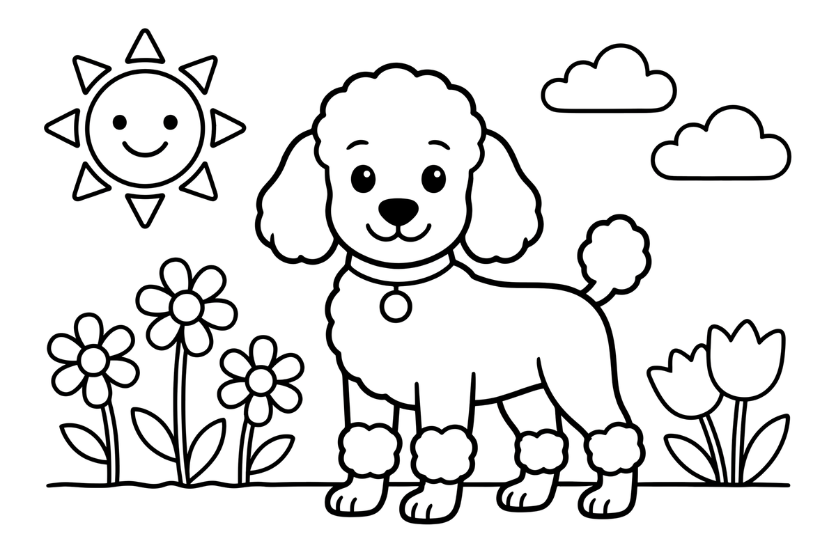 Poodle playing in a flower garden – Poodle Dog Outdoor Fun coloring page
