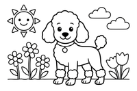 Poodle playing in a flower garden – Poodle Dog Outdoor Fun coloring page
