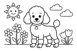 Poodle playing in a flower garden – Poodle Dog Outdoor Fun coloring page