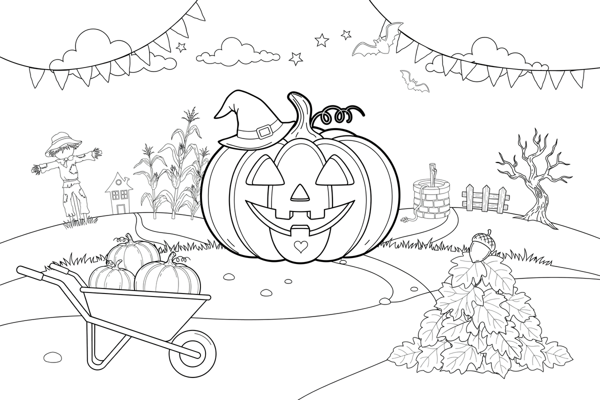 ‹ Halloween Pumpkin in a pumpkin patch at sunset – Halloween Autumn Creatures coloring page