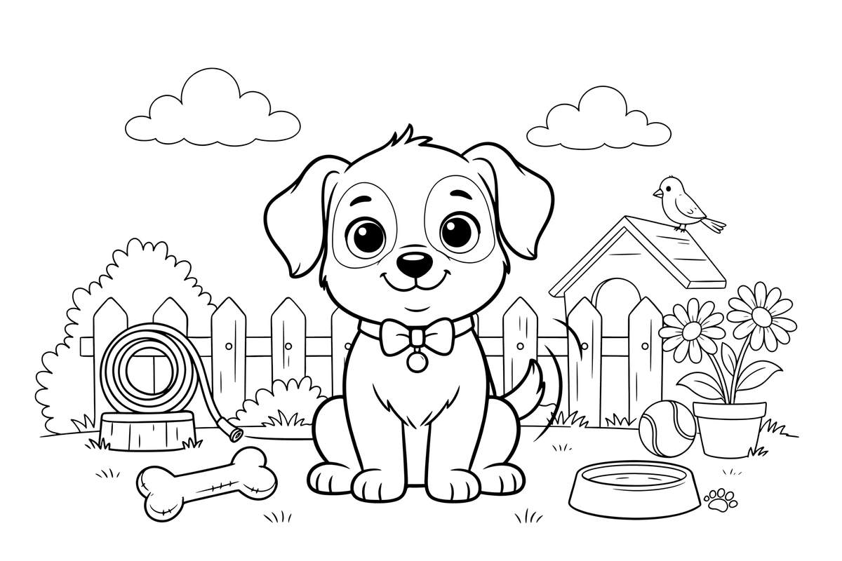 A tiny cute puppy with big round eyes sitting and wagging its tail – Baby Animal Pet coloring page