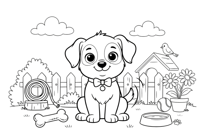 A tiny cute puppy with big round eyes sitting and wagging its tail – Baby Animal Pet coloring page