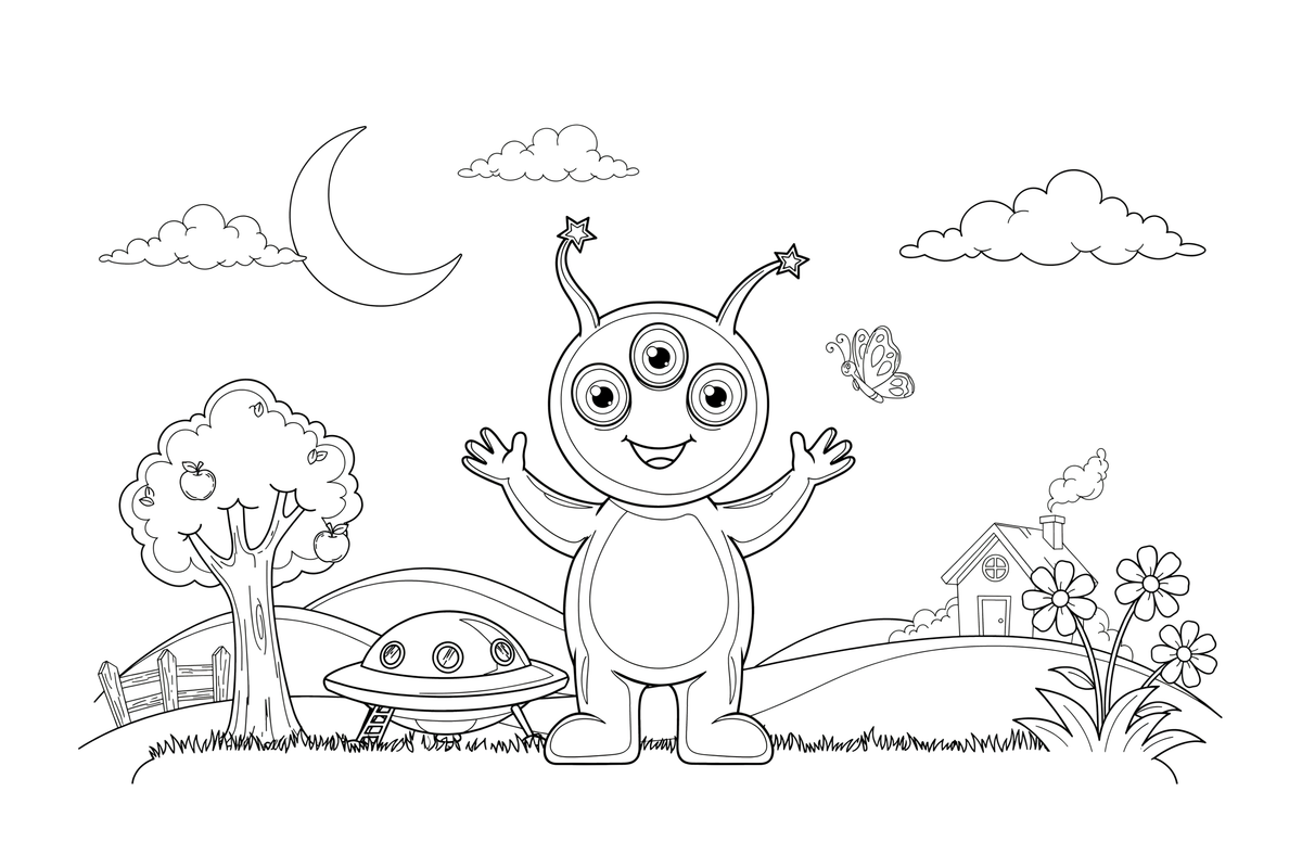 A alien with three eyes and two antennae – Friendly Alien coloring page
