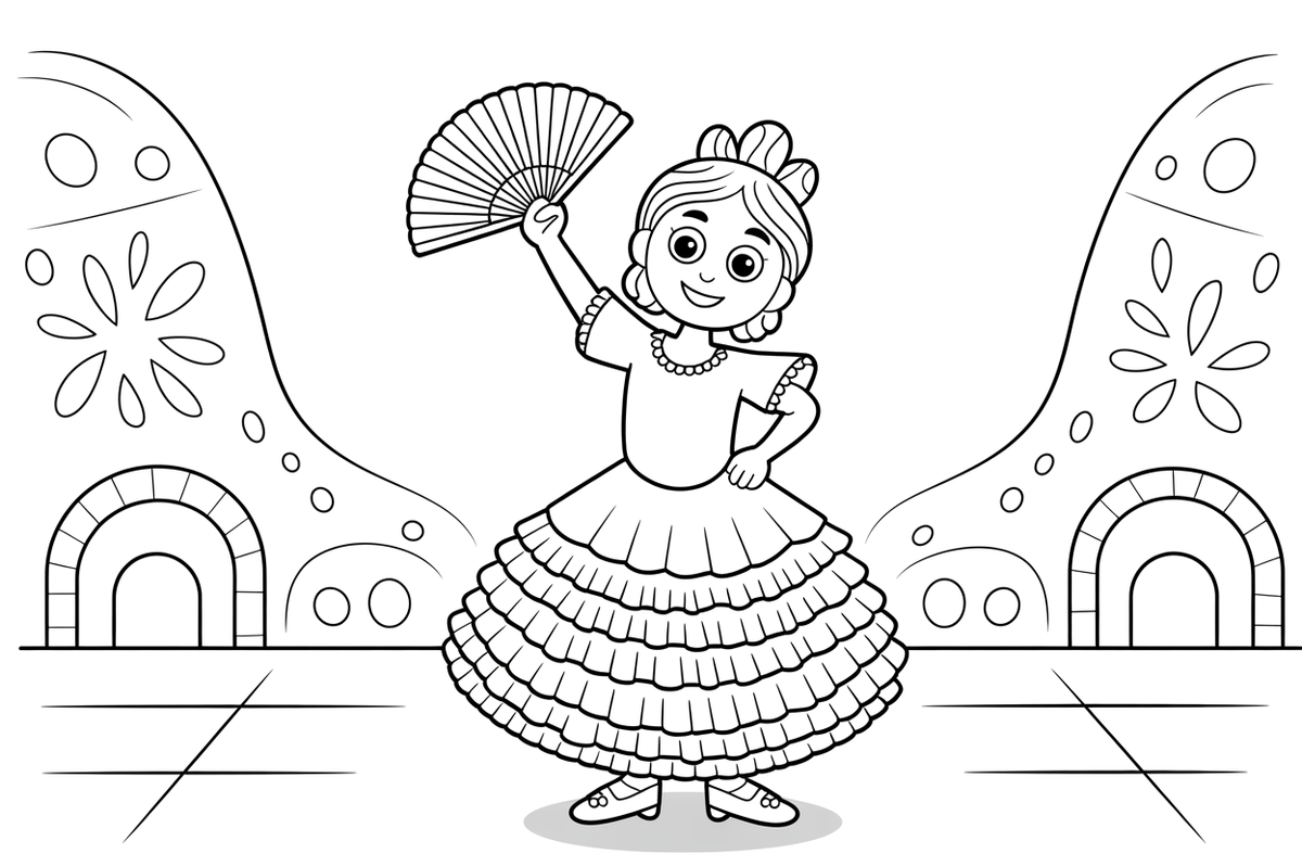 A flamenco dancer with a ruffled dress and fan – Dancing Dancing coloring page
